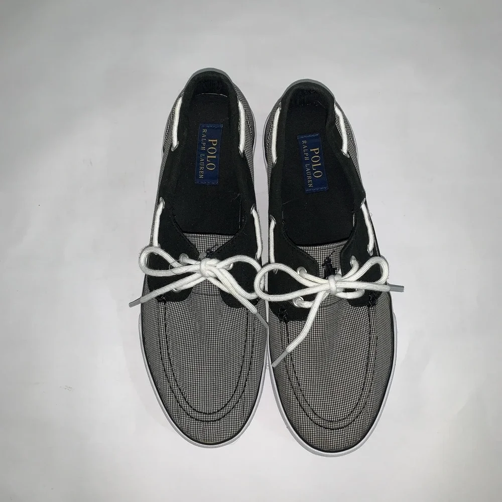 Polo Ralph Lauren Lander Boat Shoes Mens Size 12 Black Gingham Canvas Casual